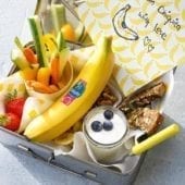 Snackbox with Chiquita banana chips, veggies, fruits and nuts.